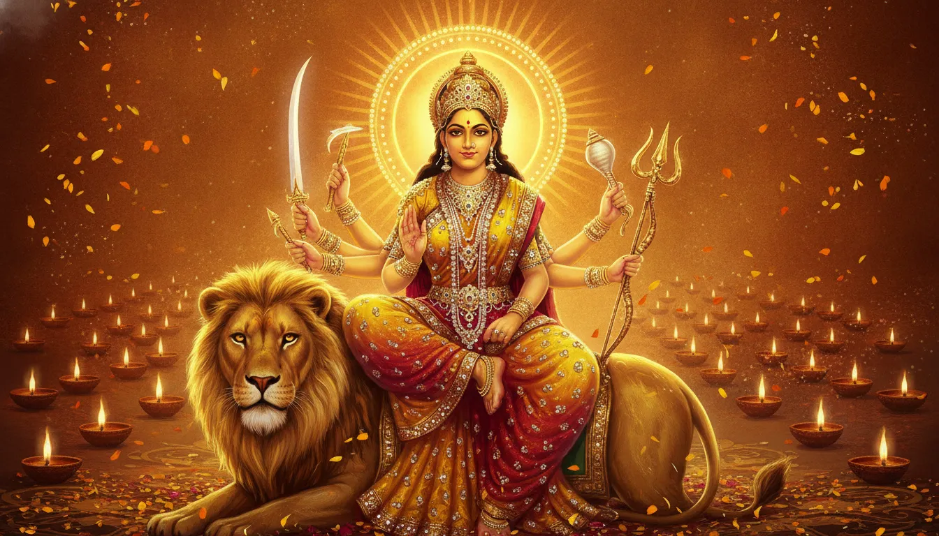 A golden-themed digital painting of Goddess Durga during Navratri festival celebrations.