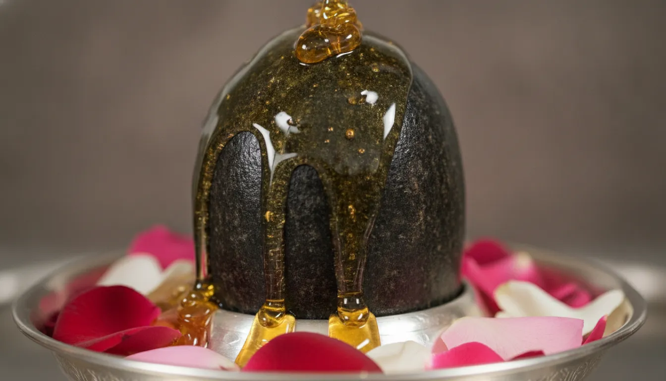 Spiritual HD shivling images original with abishakam using golden organic honey in a traditional puja.
