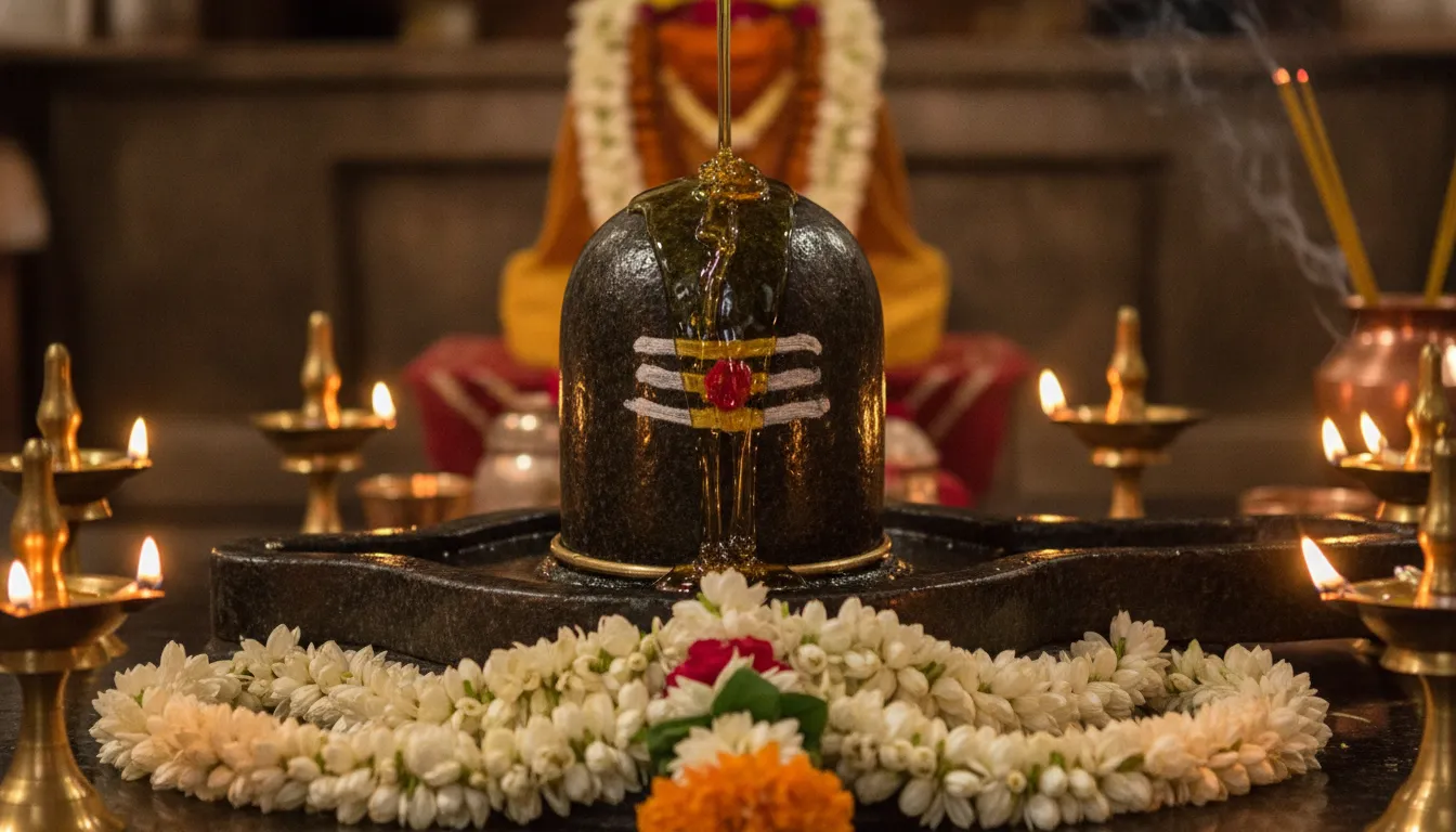 Thick golden honey pouring over a textured stone Shivling in a temple setup