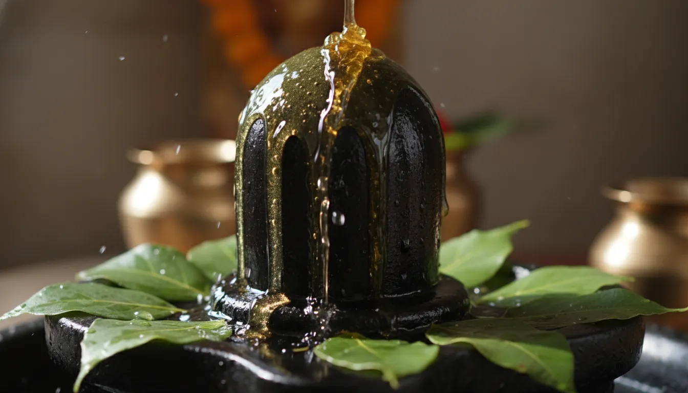 Detailed close-up of golden honey and water poured on a polished black Shivling.