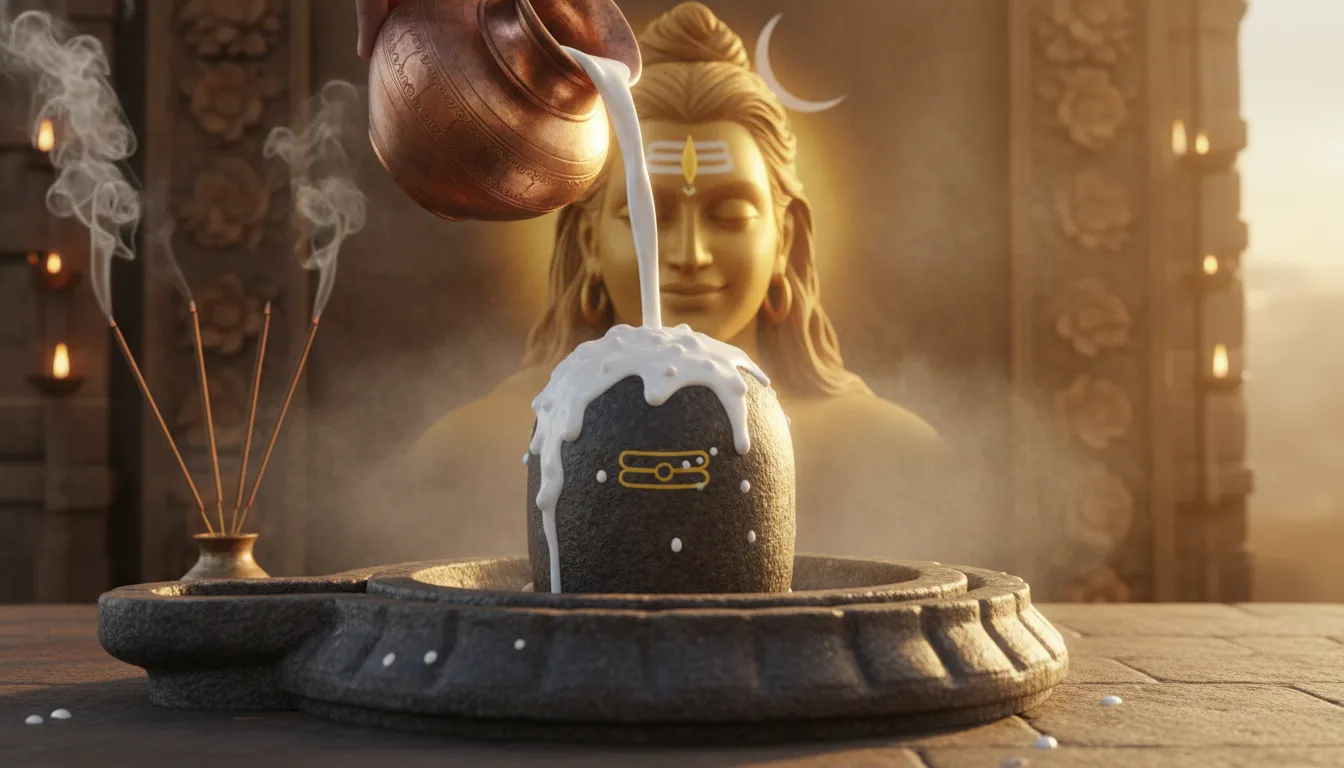 Golden hour 3D illustration of milk being poured onto a Shivling with the warm aura of Lord Shiva.