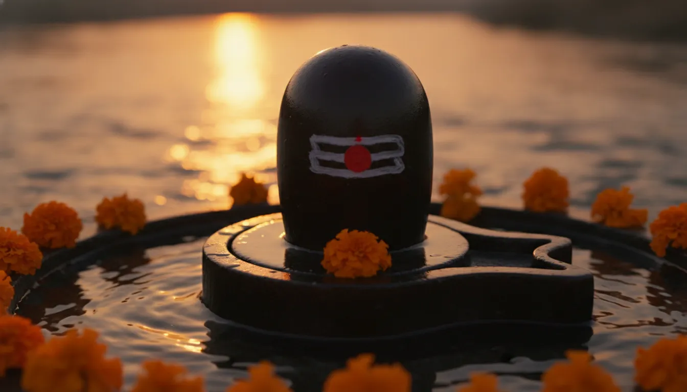 Full HD wallpaper of a sacred stone Shivling illuminated by a golden sunset near a mountain river.