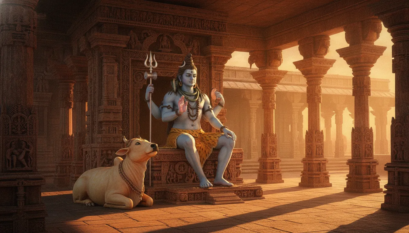 Lord Shiva blessing from a temple throne during a golden sunset with Nandi resting nearby.