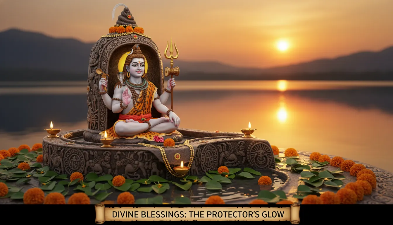 Golden theme hd wallpaper of bhole nath sitting inside shivling giving blessings full size