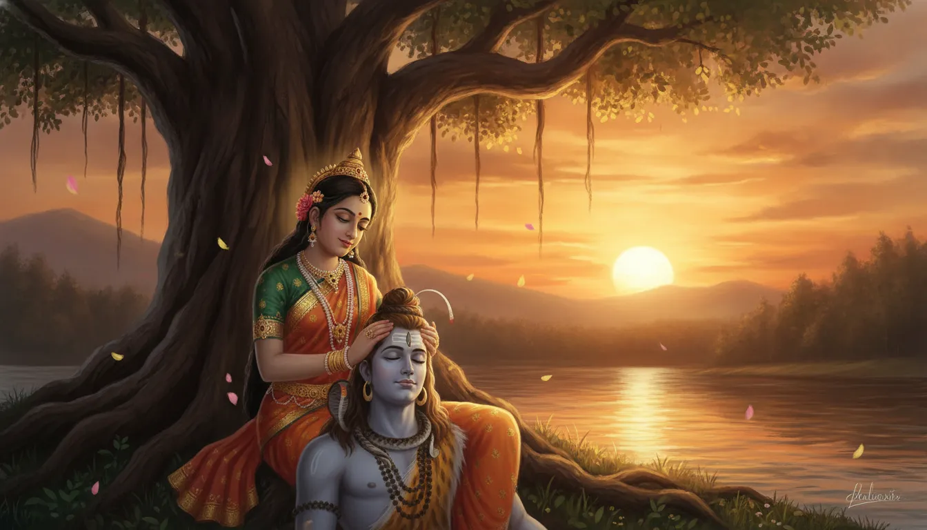 Digital painting of Parvati holding Shiva during a warm golden sunset