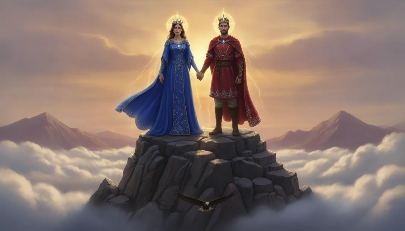 Royal divine couple standing together on a sharp mountain peak during a vibrant golden sunset