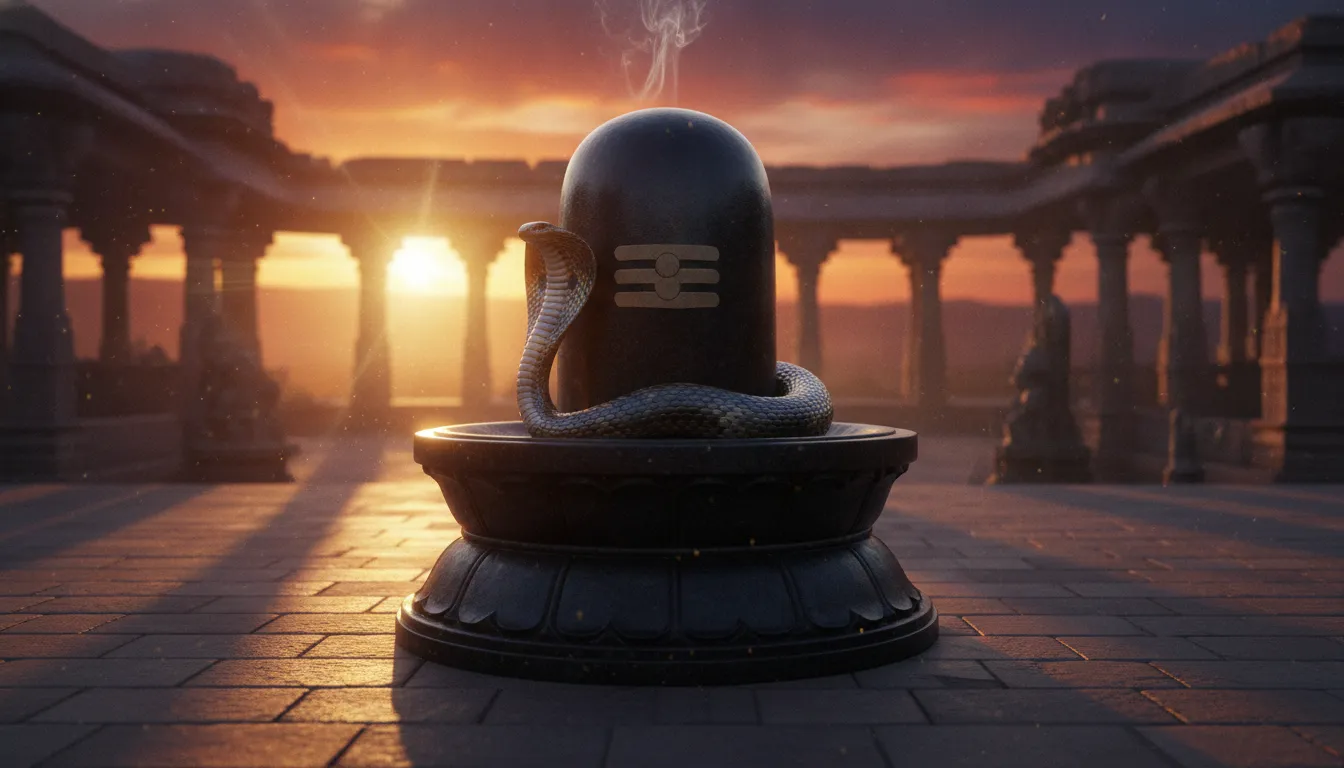 A cinematic view of a cobra coiled around a Shiva Lingam during a vibrant sunset with glowing orange light.