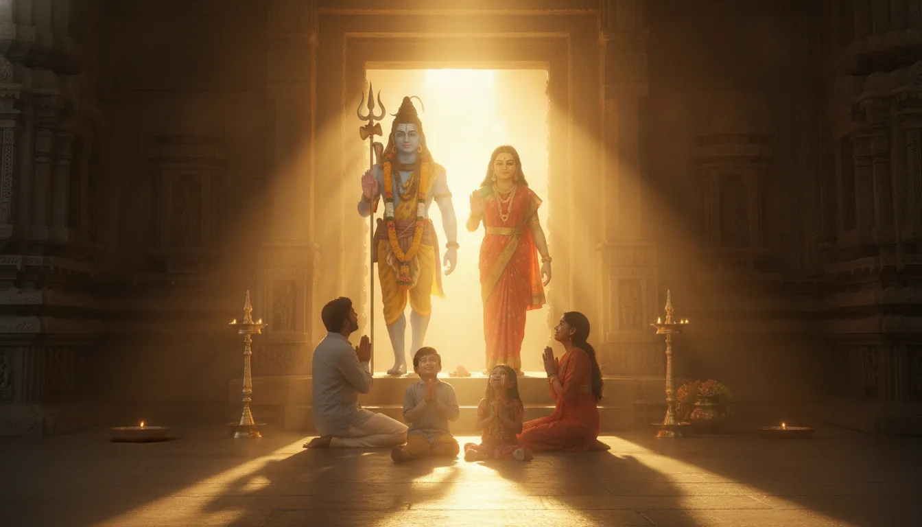 Bright golden hour sunlight washing over Shiva and Parvati blessing a family at a temple entrance