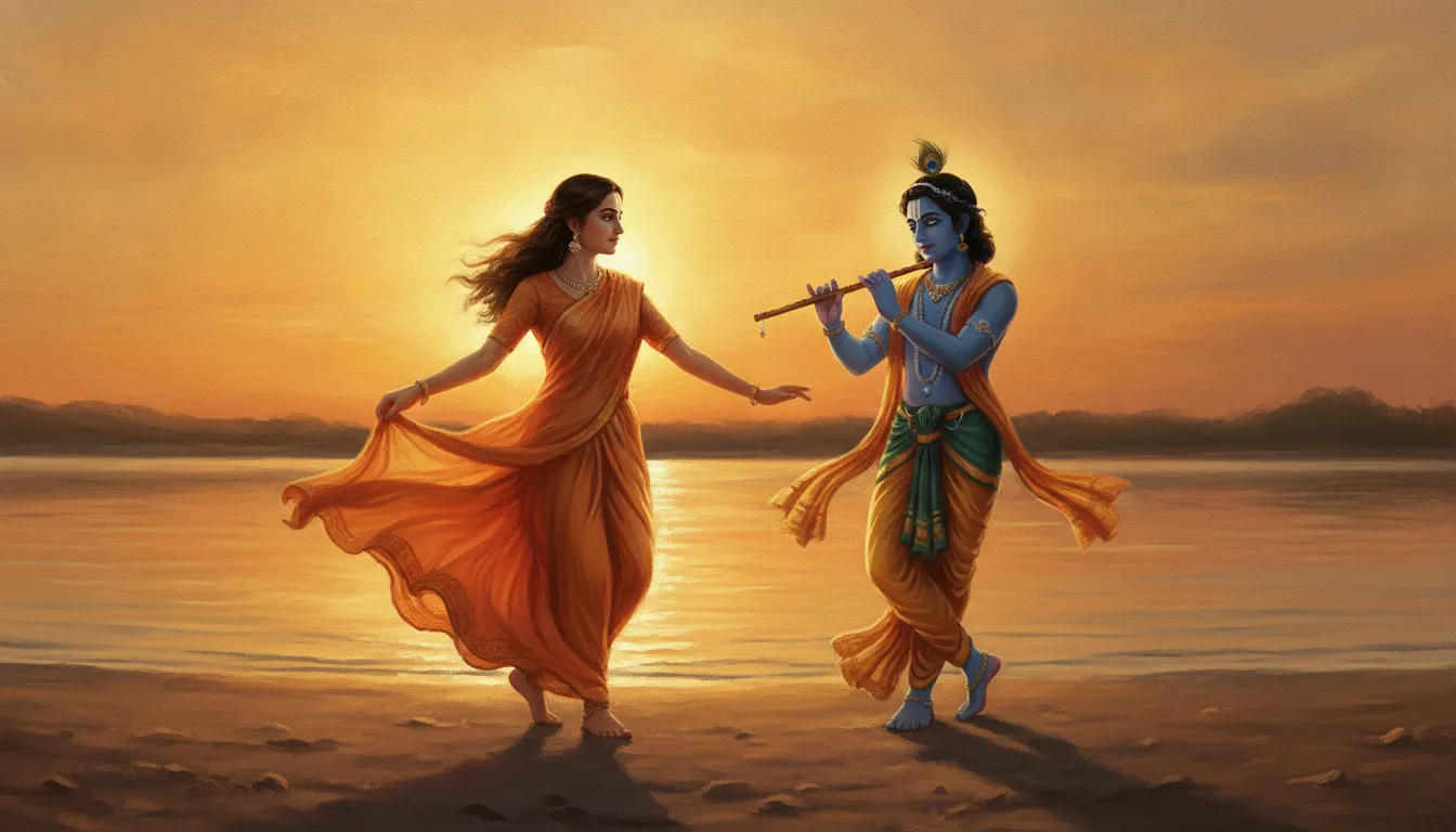 A woman dancing gracefully on a river bank during a golden sunset with a divine blue flute player.