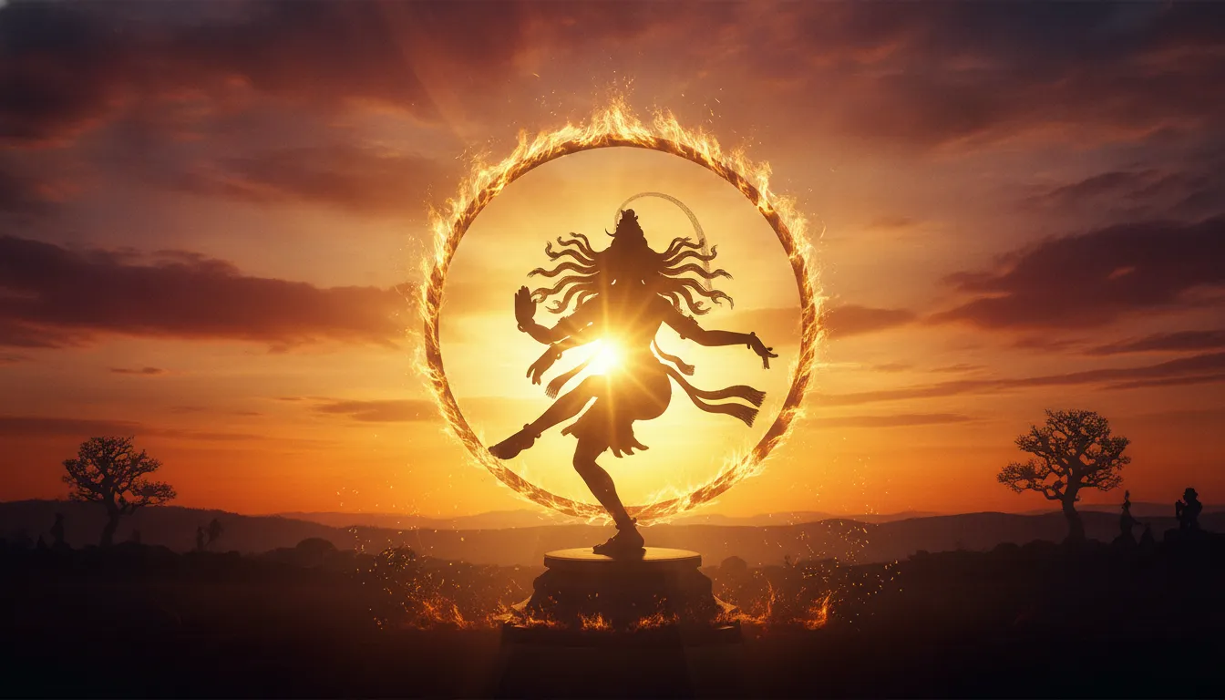 Golden hour silhouette of Lord Shiva Nataraja performing cosmic dance against a sunset sky.