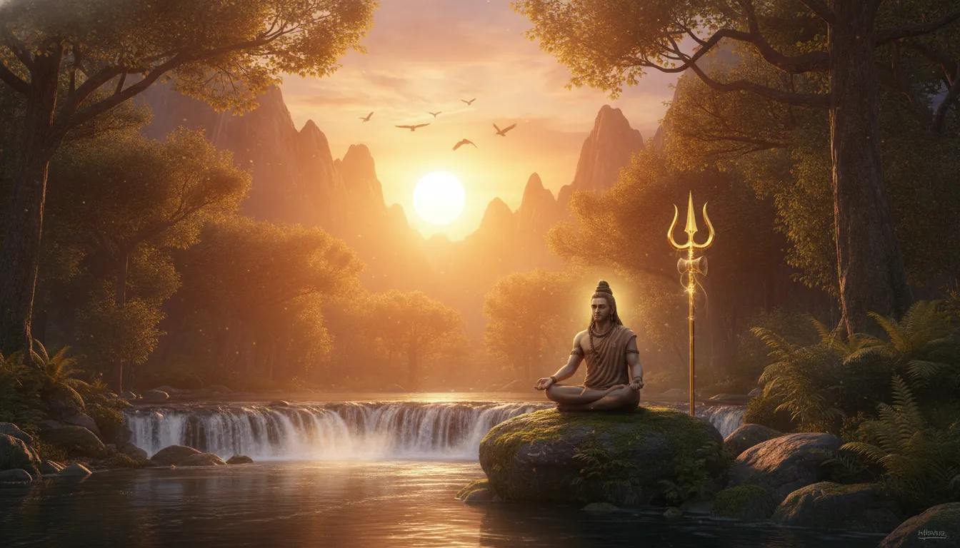 Spiritual deity meditating in front of a giant waterfall during golden hour in a lush forest.