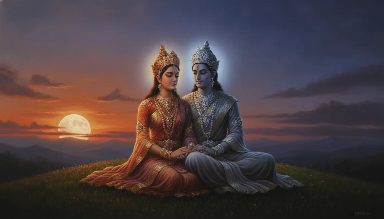 A divine couple sitting on a hill during the transition from sunset to a bright moonrise.