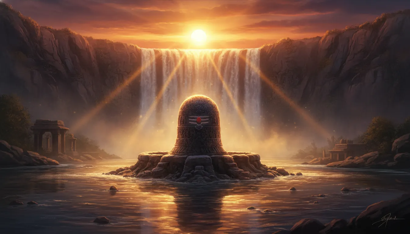 Sunset reflection on images of lord shivling in water bahubali cinematic background.