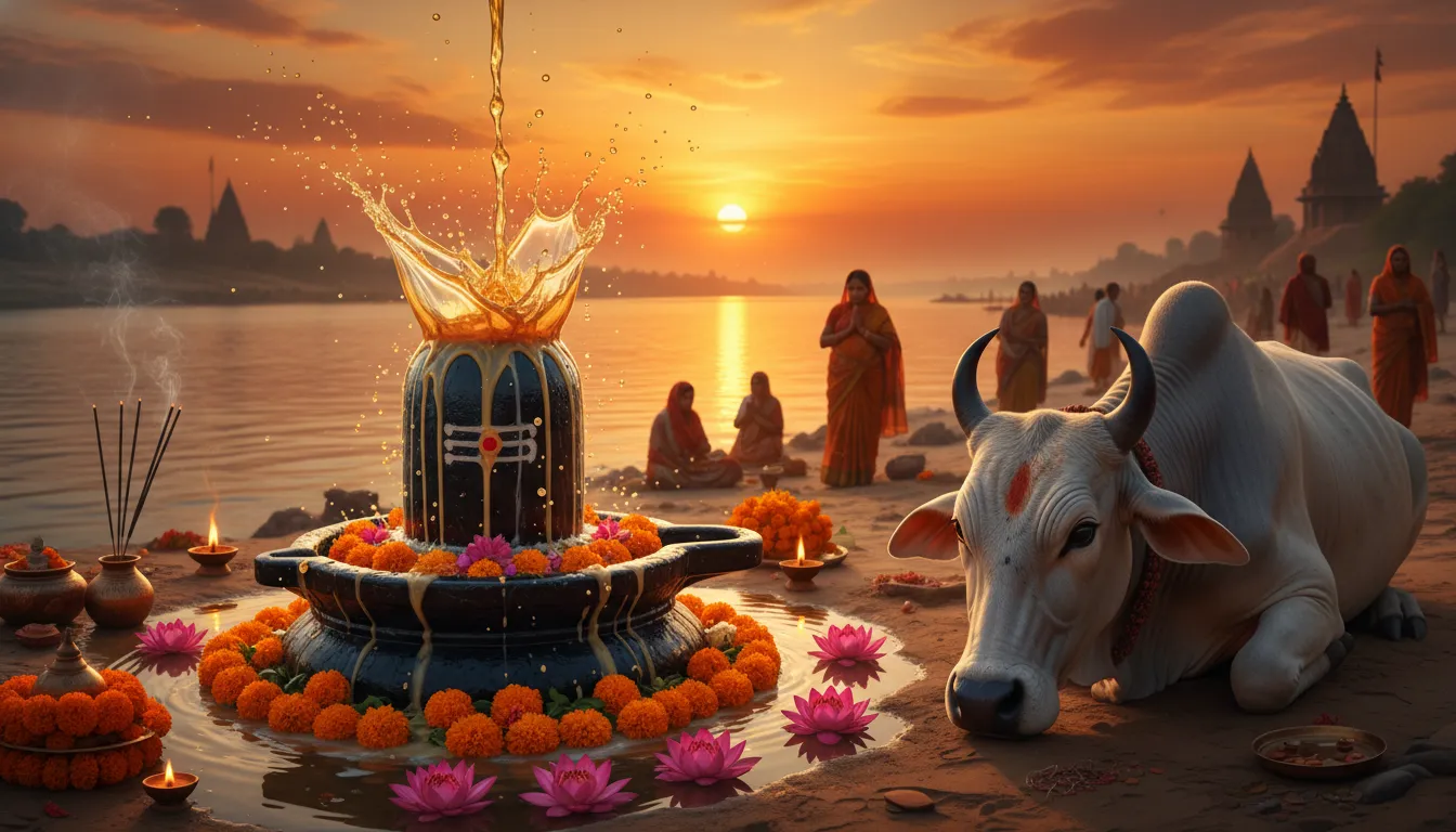 Beautiful golden hour 1080p bholenath nandi and shivling hd images featuring traditional milk ritual.