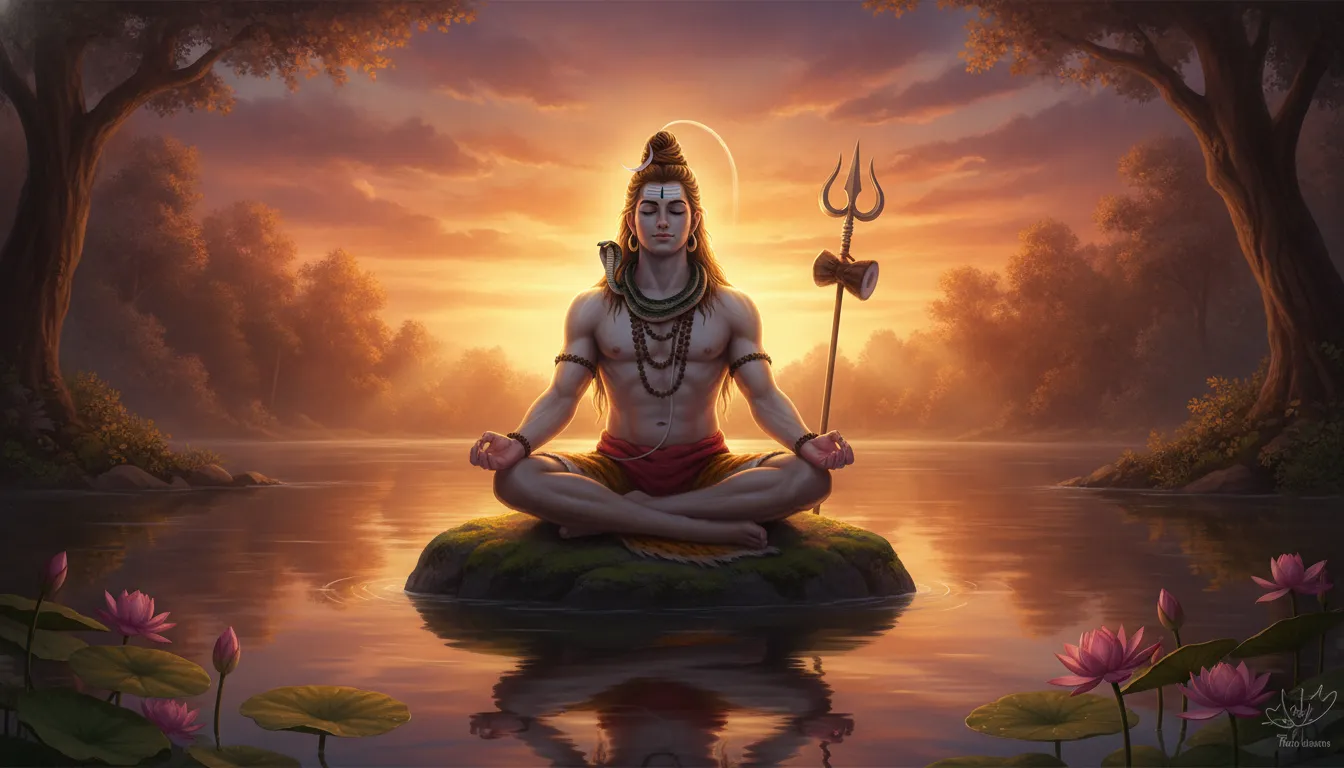 Lord Shiva meditating in lotus position near a serene lake during a golden sunset.