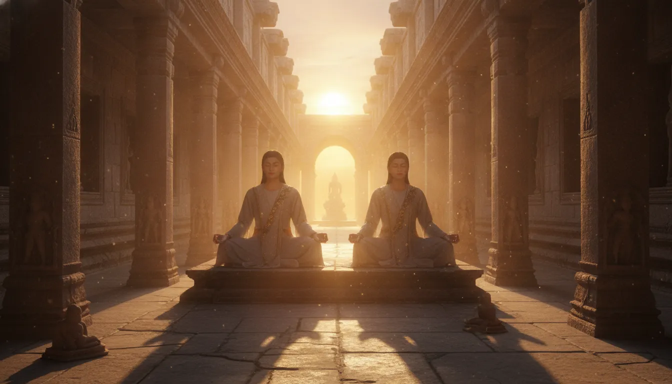 Divine couple in meditation inside an ancient temple hallway during golden hour sunset