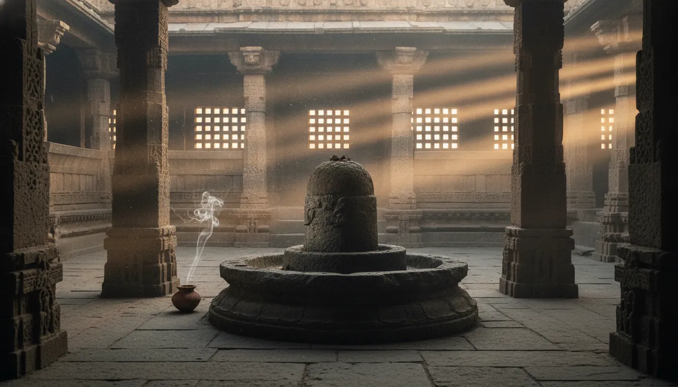 Historical images of shivling in hd carved out of stone inside an ancient stone temple courtyard illuminated by warm golden sunrise light.