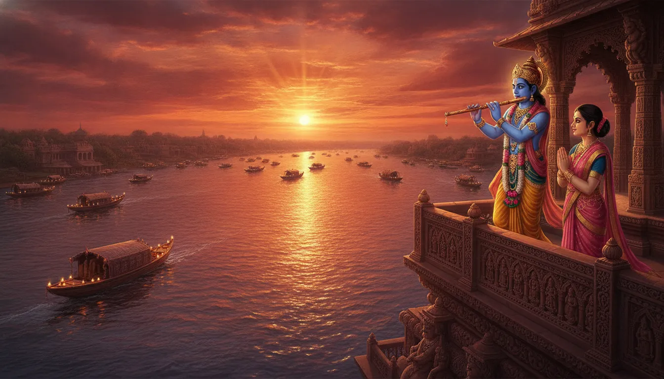 A divine flute player and a woman looking at a flowing river from a golden temple balcony during sunset.