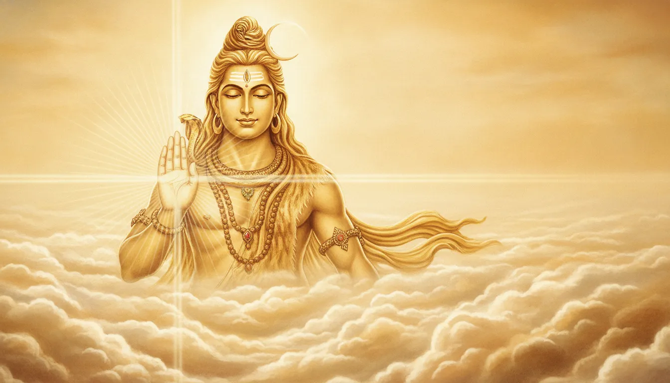 Golden Lord Shiva raising his hand in the Abhaya Mudra blessing gesture amidst golden clouds.