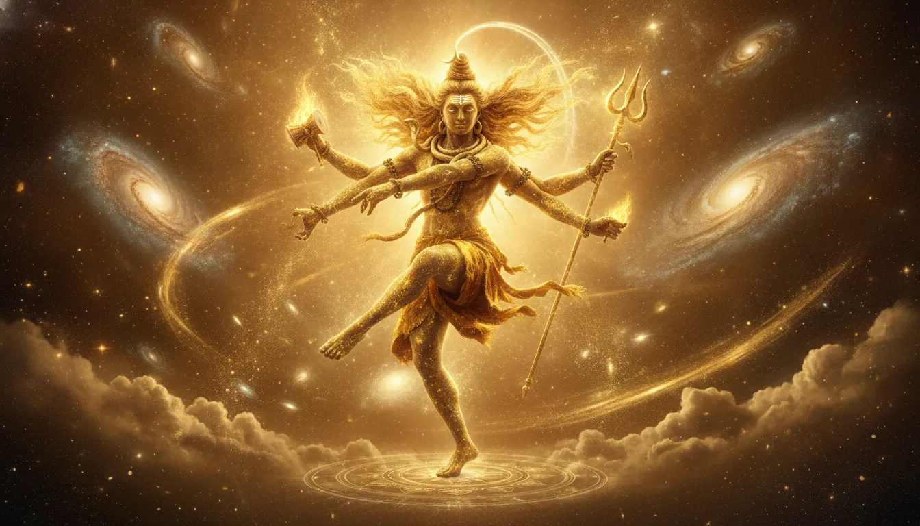 Lord Shiva in golden form performing the Nataraja Tandava dance in the celestial golden sky.