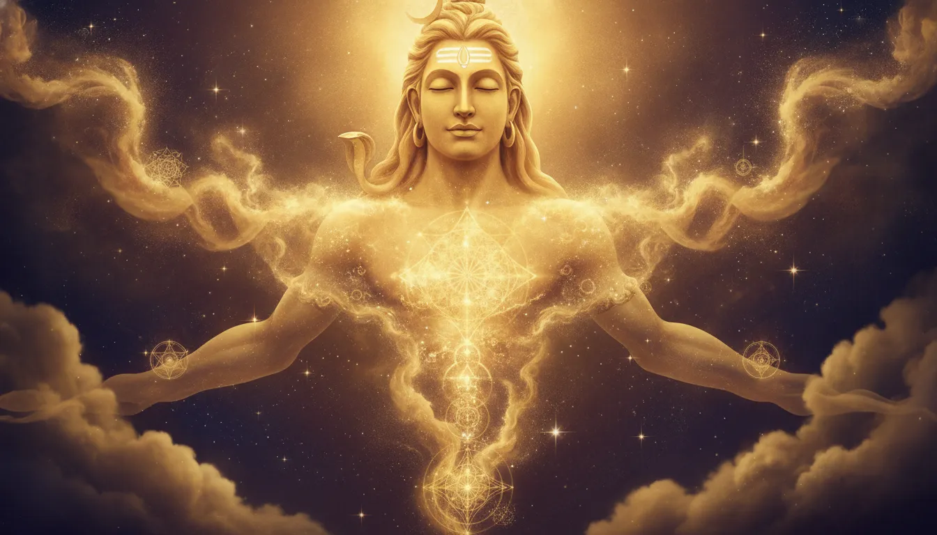 An abstract artistic depiction of golden Lord Shiva dissolving into stars and gold smoke in heaven.