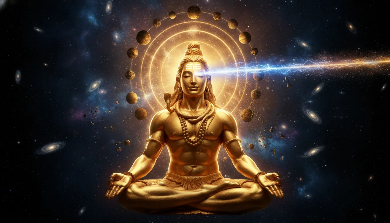 Golden Lord Shiva opening his third eye with intense blue and gold light beams shooting into the universe.