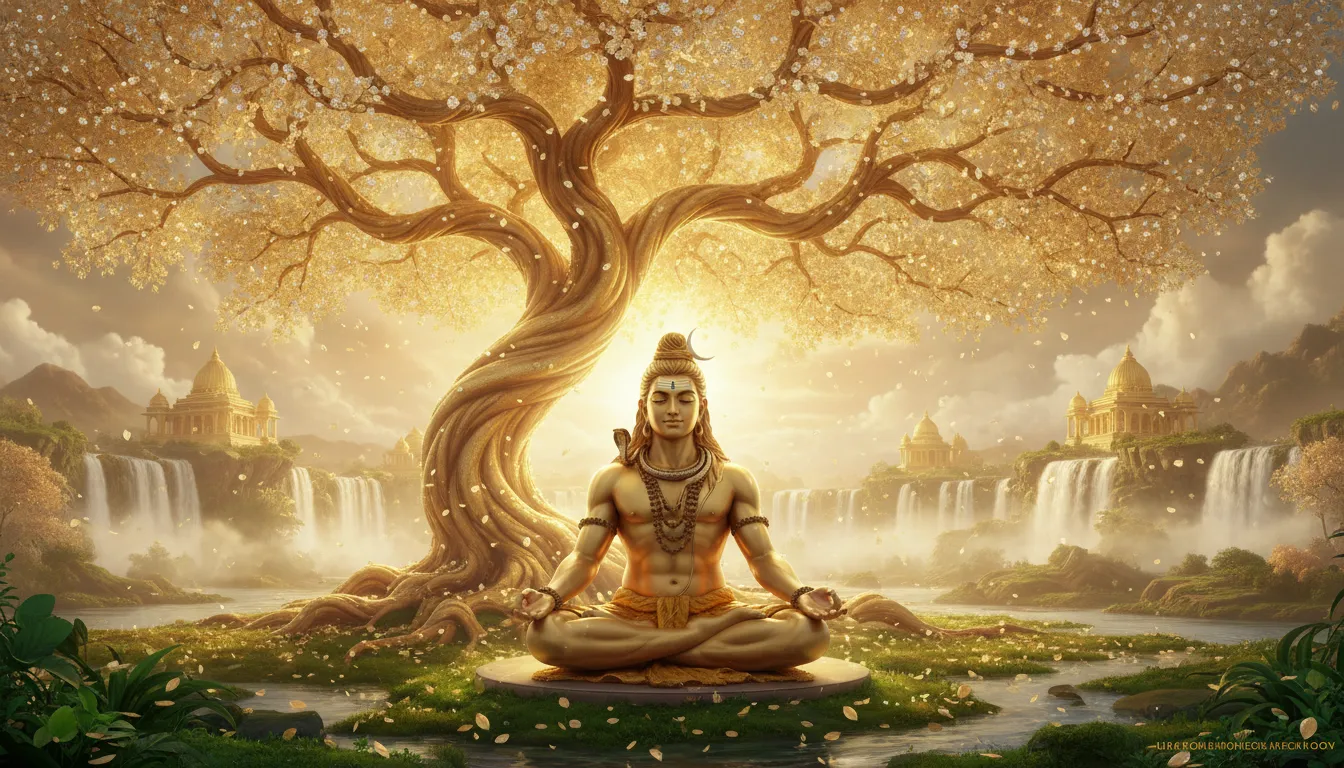 Golden Lord Shiva meditating under a luminous golden tree with sparkling leaves in the heavenly skies.