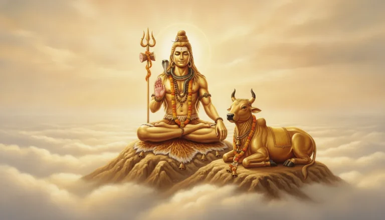Golden Lord Shiva sitting next to his loyal vehicle Nandi the bull on a golden mountain peak in heaven.
