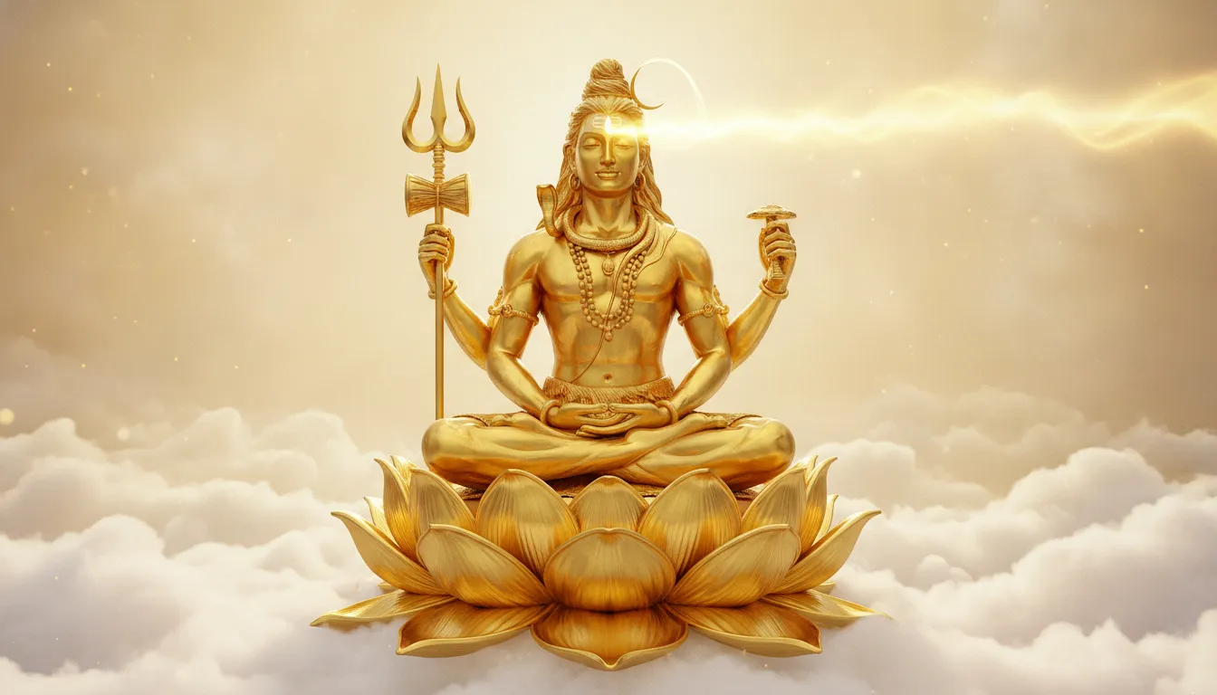 A golden statue-like depiction of Lord Shiva sitting on a golden lotus amidst white clouds in heaven.