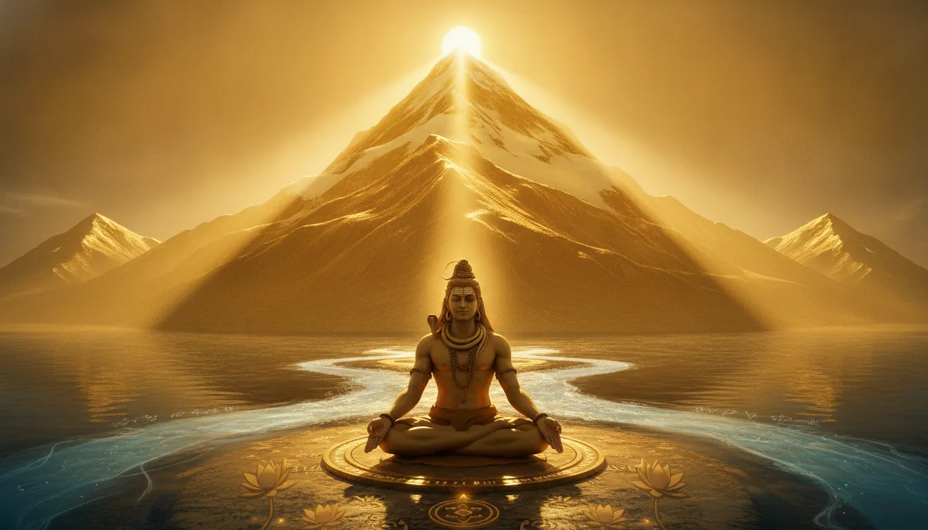 Lord Shiva sitting in meditation with the giant golden peak of Mount Kailash behind him in heaven.