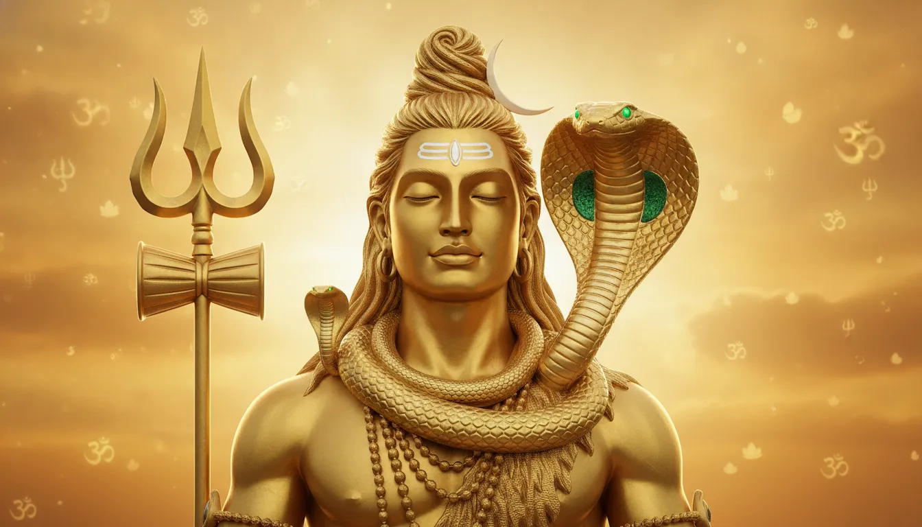 Golden Lord Shiva with a majestic golden cobra wrapped around his neck resting in the clouds.