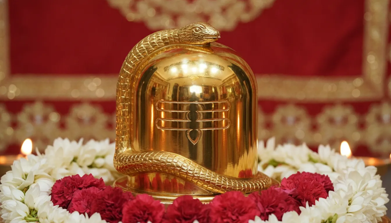 An intricately designed Shivling made entirely of polished pure gold, reflecting warm temple highlights.
