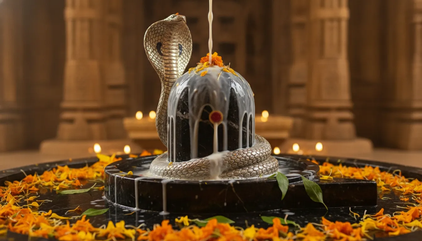 3D rendered animated image of milk offering on a golden Shivling.
