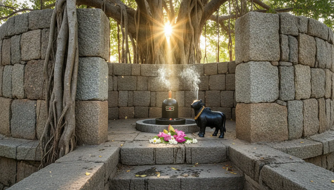 Radiant Lord Shivling with Nandi HD image captured with golden morning sunbeams.