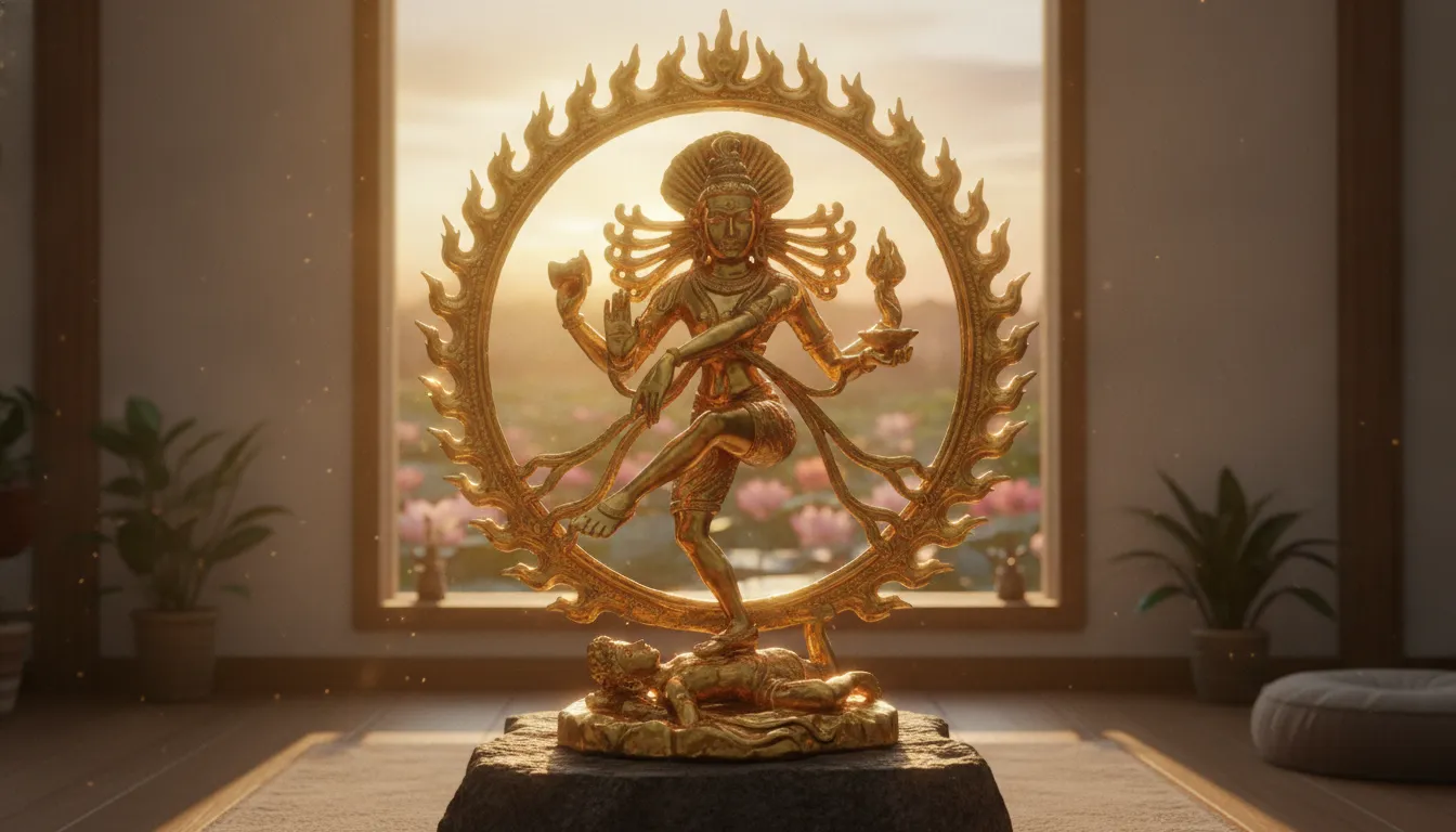 A golden Nataraja statue dances inside a circular flame ring against a warm glowing background.