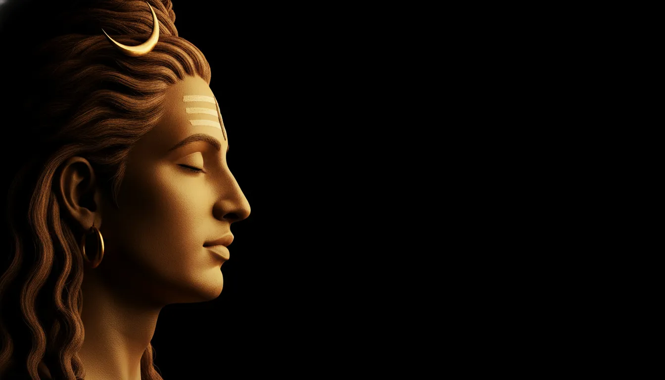 Powerful digital illustration of Lord Shiva with one side of his face glowing in warm golden light against black.