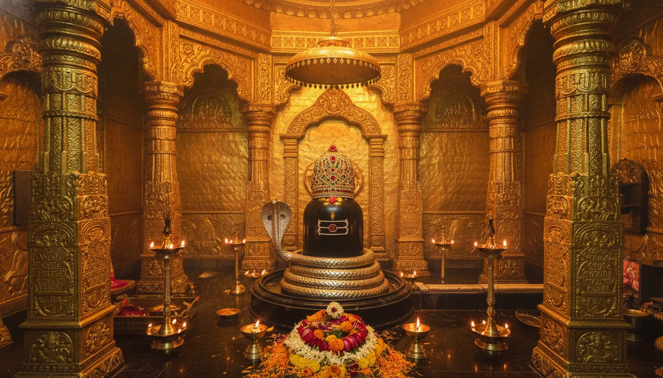 Lord Shivling image in HD inside a grand golden temple sanctuary with intricate carvings