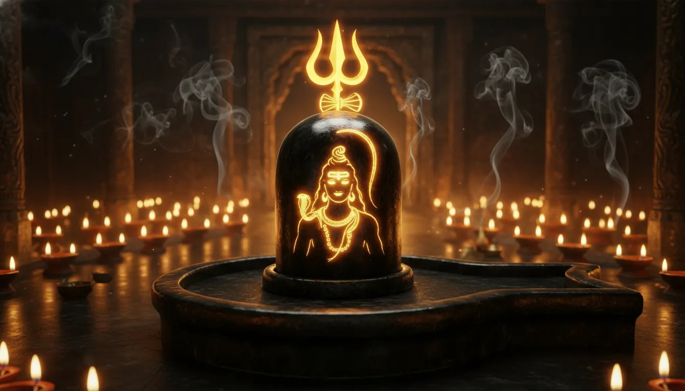 Golden glowing image of lord shiva in shivling art with detailed spiritual background.