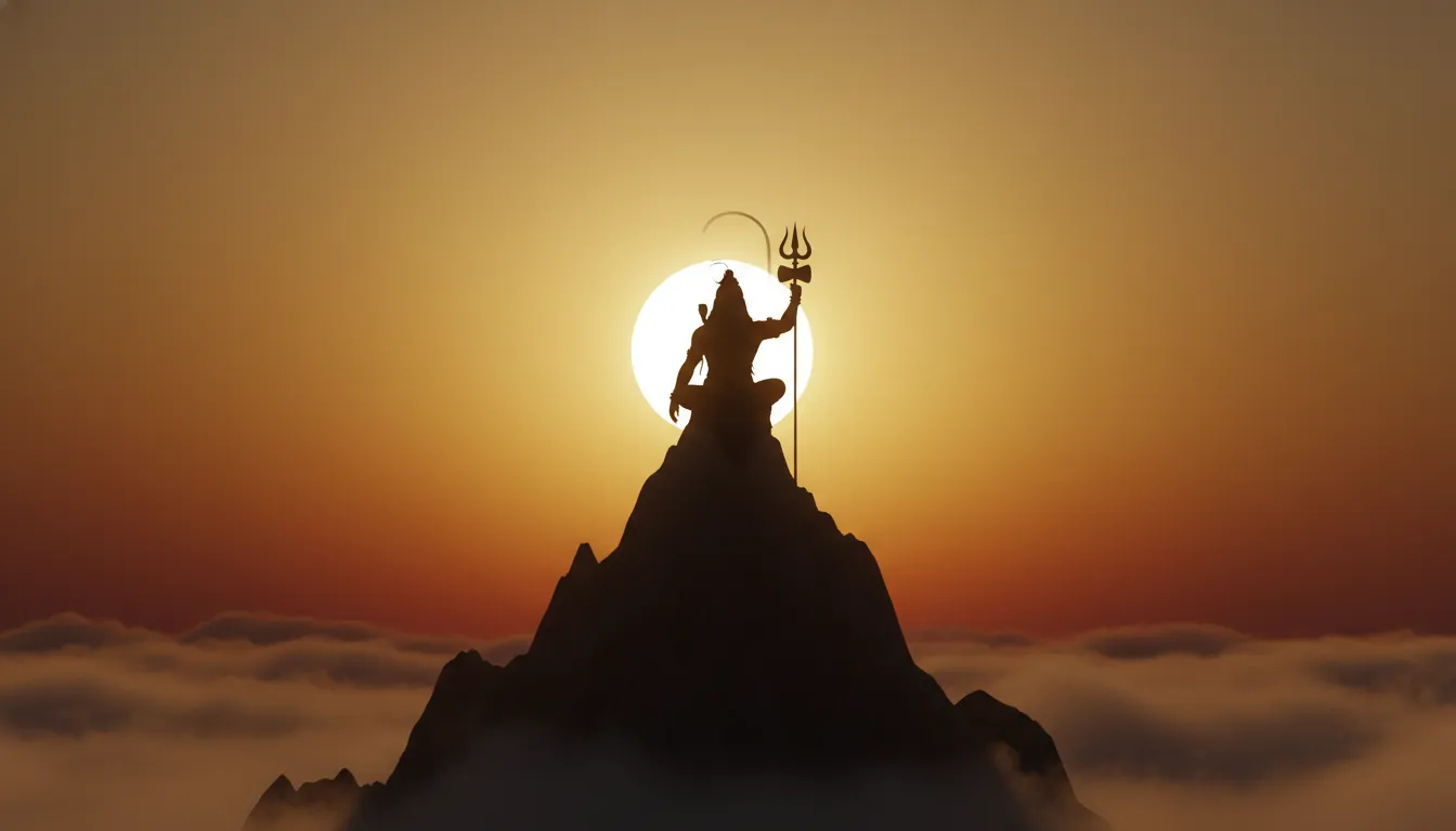 Minimalist golden silhouette of Lord Shiva standing on a mountain peak holding a majestic Trishul against a sunset sky.