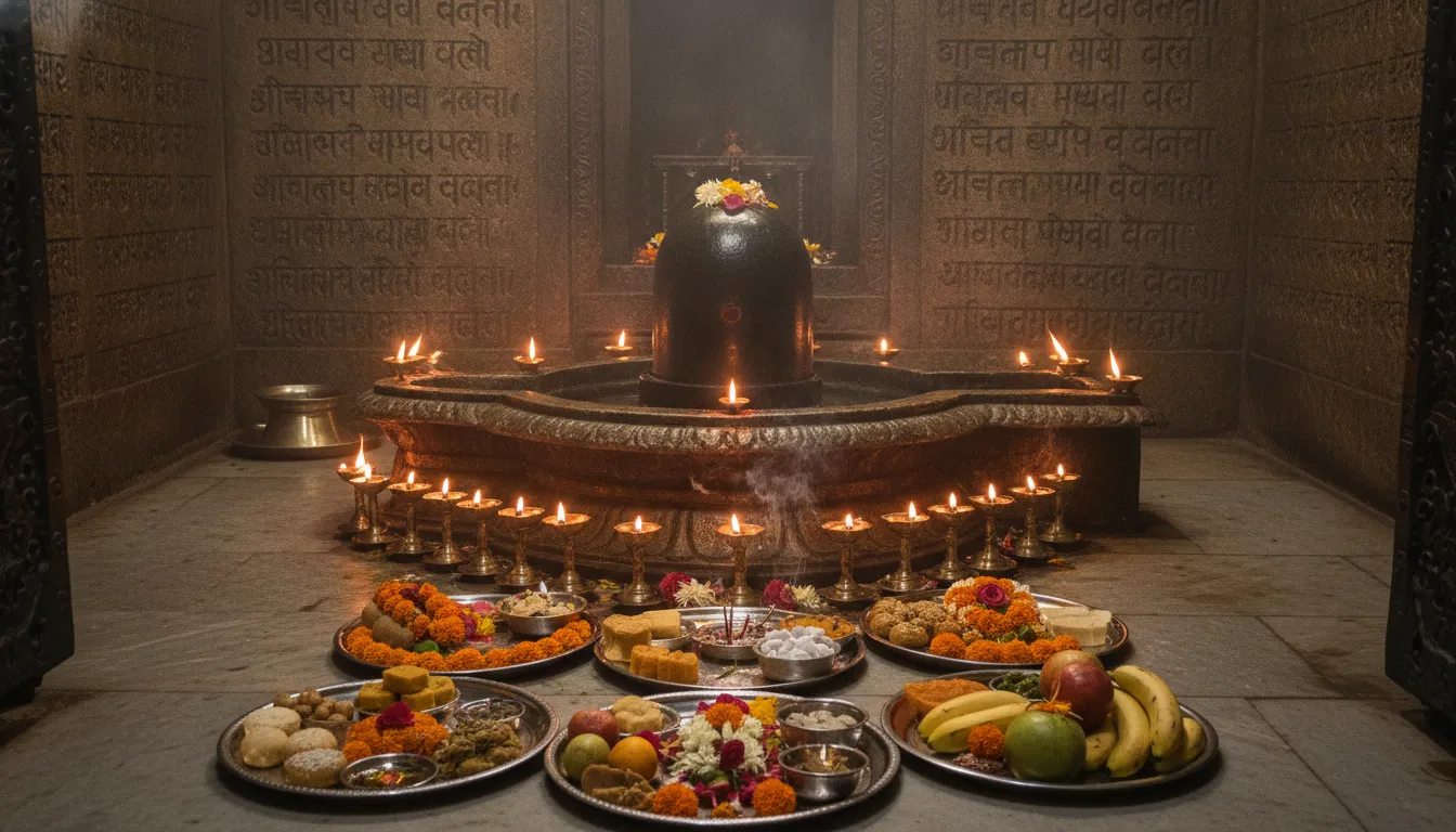 Traditional temple inner sanctum with golden shivling image in hd