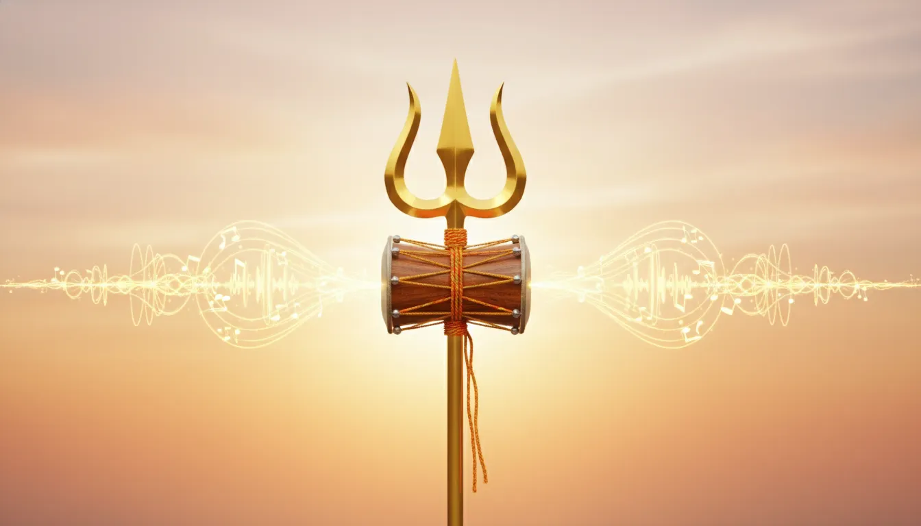 Golden Trishul trident with a damru drum surrounded by glowing musical notes
