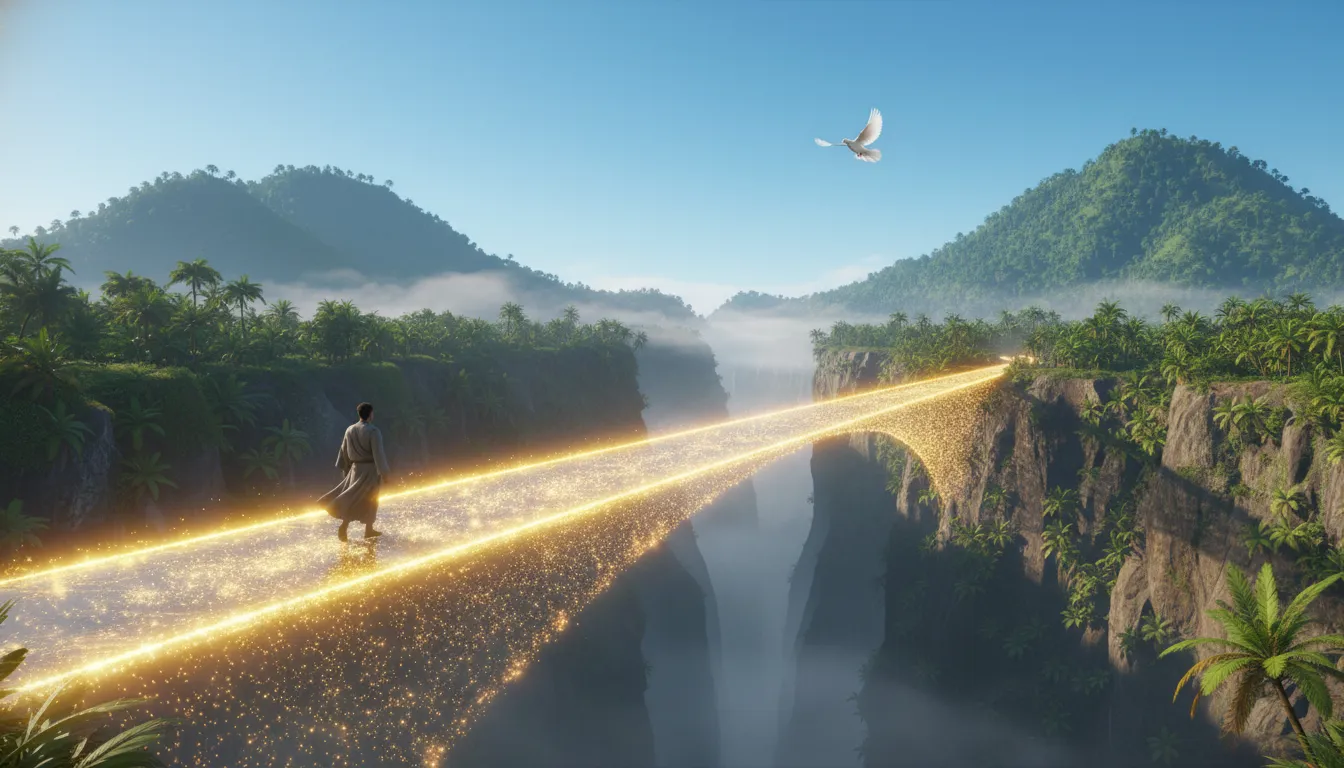 A person walking across a glowing golden bridge over a misty canyon toward peaceful mountains
