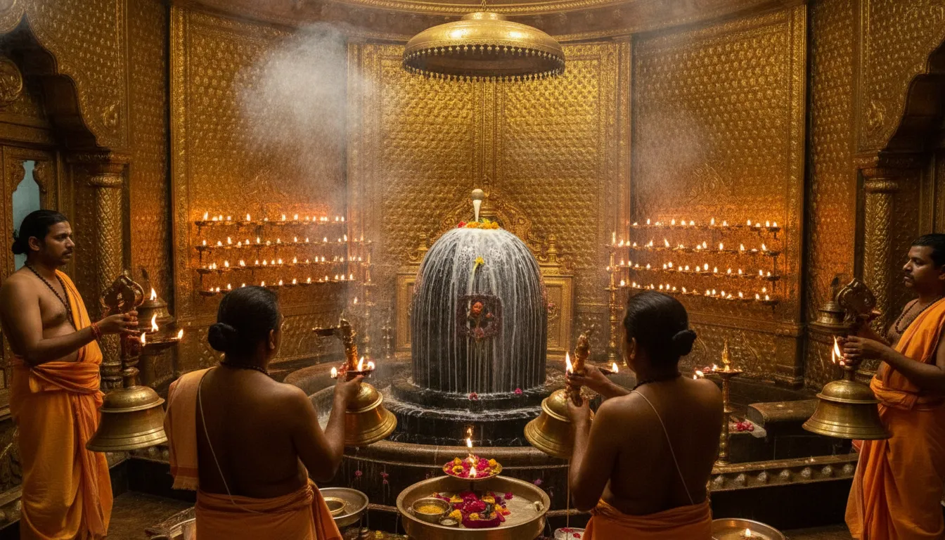 Inner sanctum image of Somnath shivling surrounded by glowing oil lamps and brass bells during evening arti.