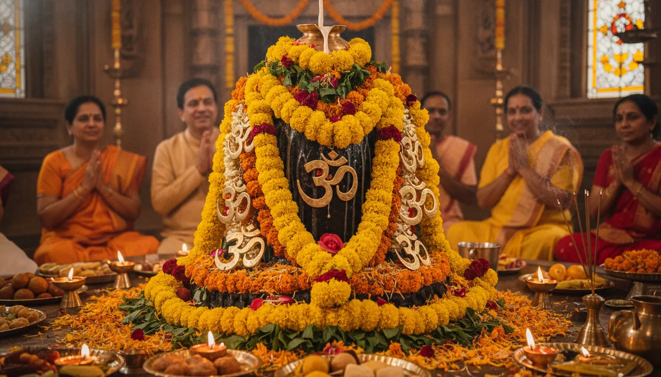 A close-up view of a beautifully decorated stone Shivling, covered in golden marigold petals, delicate silver leaves, and several small brass Om pendants, glowing under warm temple lighting.