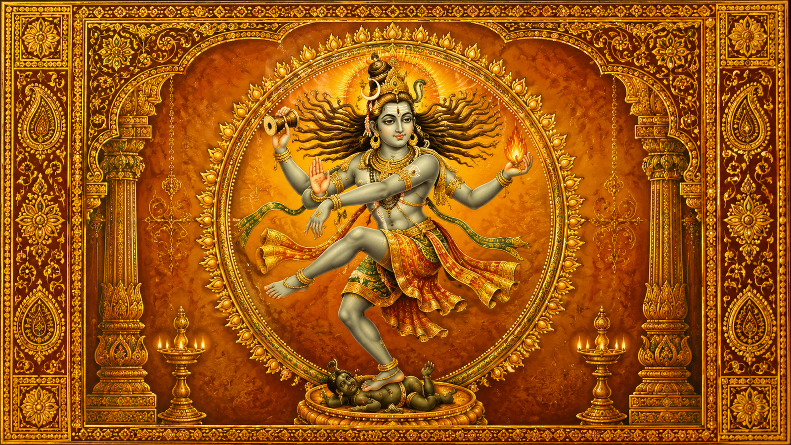 Traditional golden hand-drawn painting of a dancing deity inside a royal frame