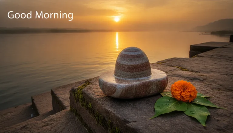 A sacred Narmada Shivling placed on a riverbank during a serene sunrise, serving as an auspicious good morning image with narmada shivling.