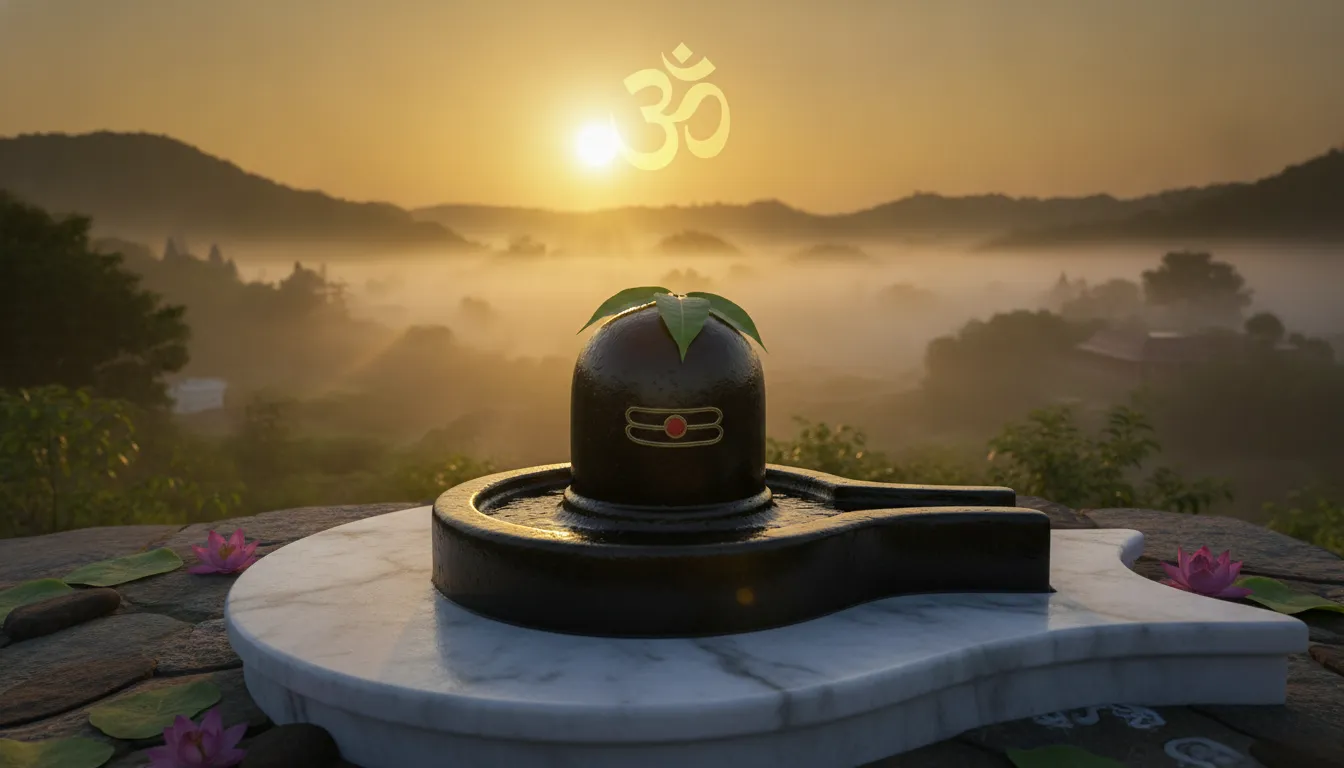 A sacred black stone shivling placed outdoors during a golden sunrise with a good morning text.