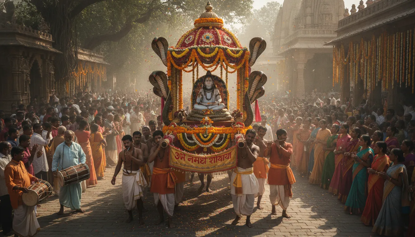 A vibrant photograph capturing a dynamic Nag Panchami procession, featuring an ornate palanquin carrying an image of Lord Shiva, accompanied by musicians, dancers, and representations of serpents.