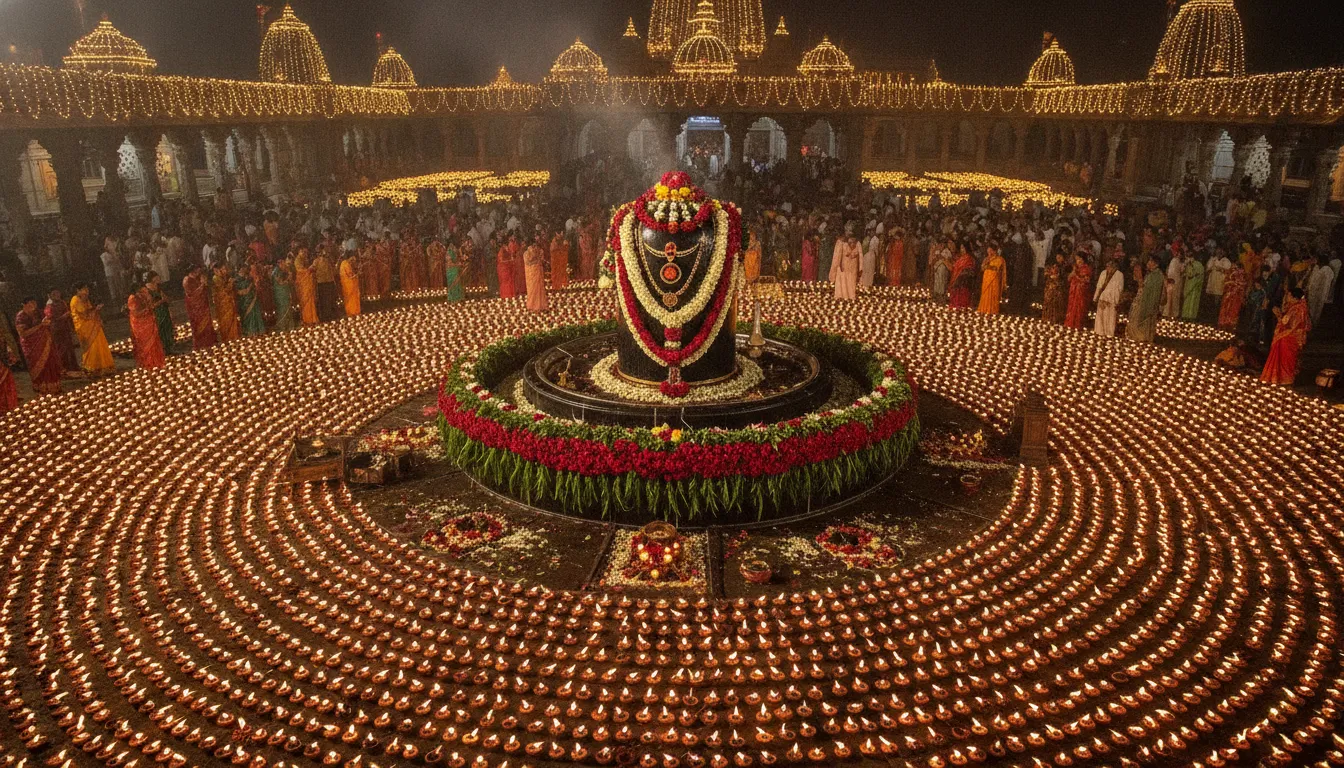 A grand night view image of shivling hd brilliantly illuminated by rows of oil lamps during festive celebrations.