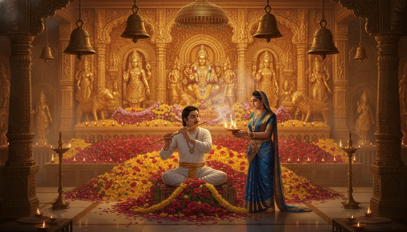 An indoor temple altar filled with flowers and golden idols where a divine figure plays the flute.